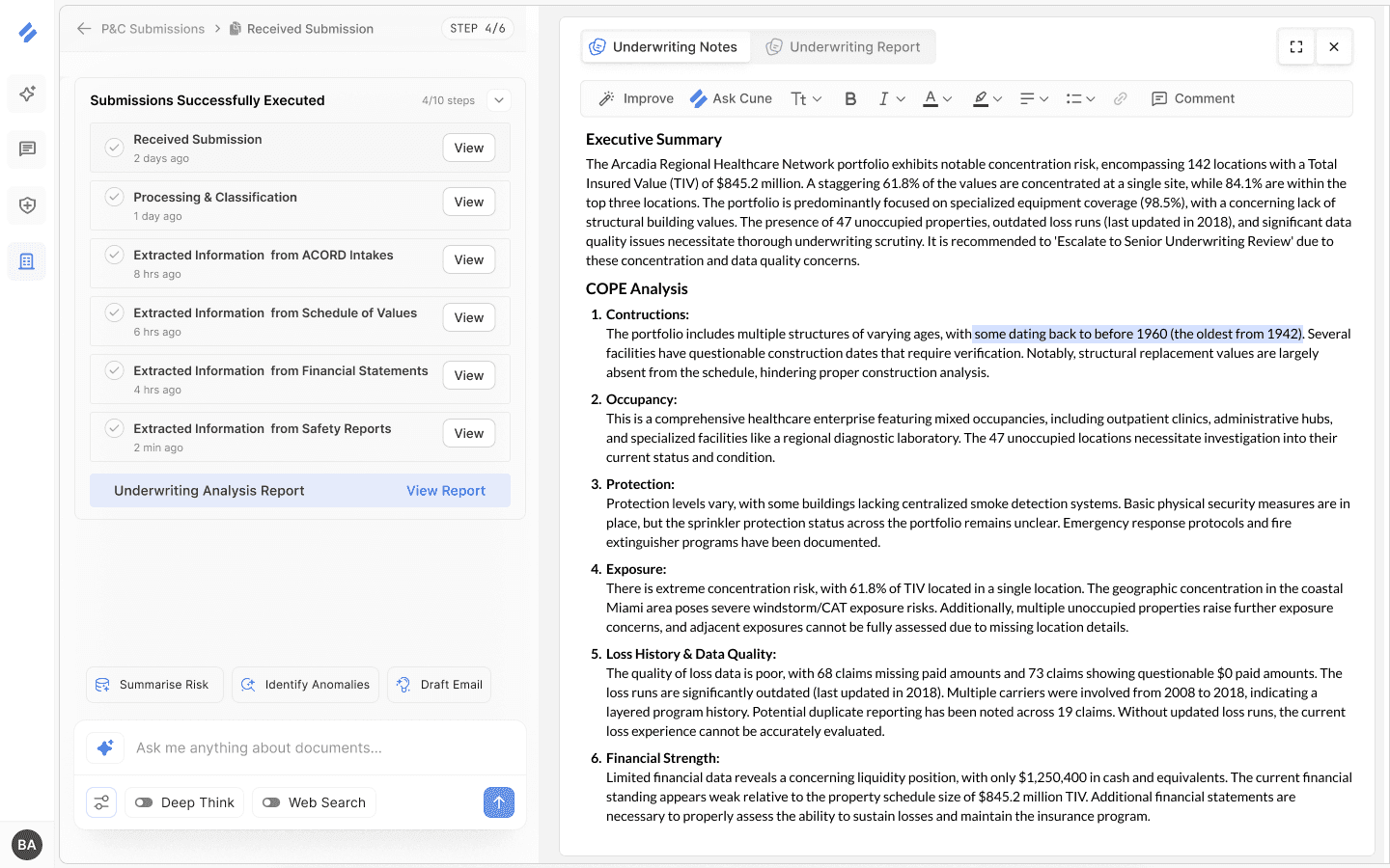 Cune notes and report split view