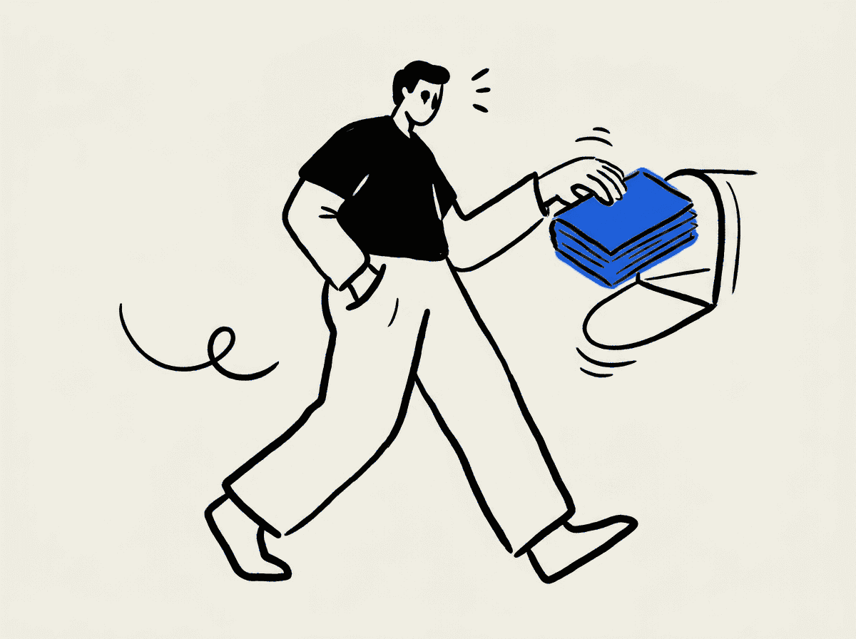 A broker drops a bundle of documents into a mail slot without breaking stride.