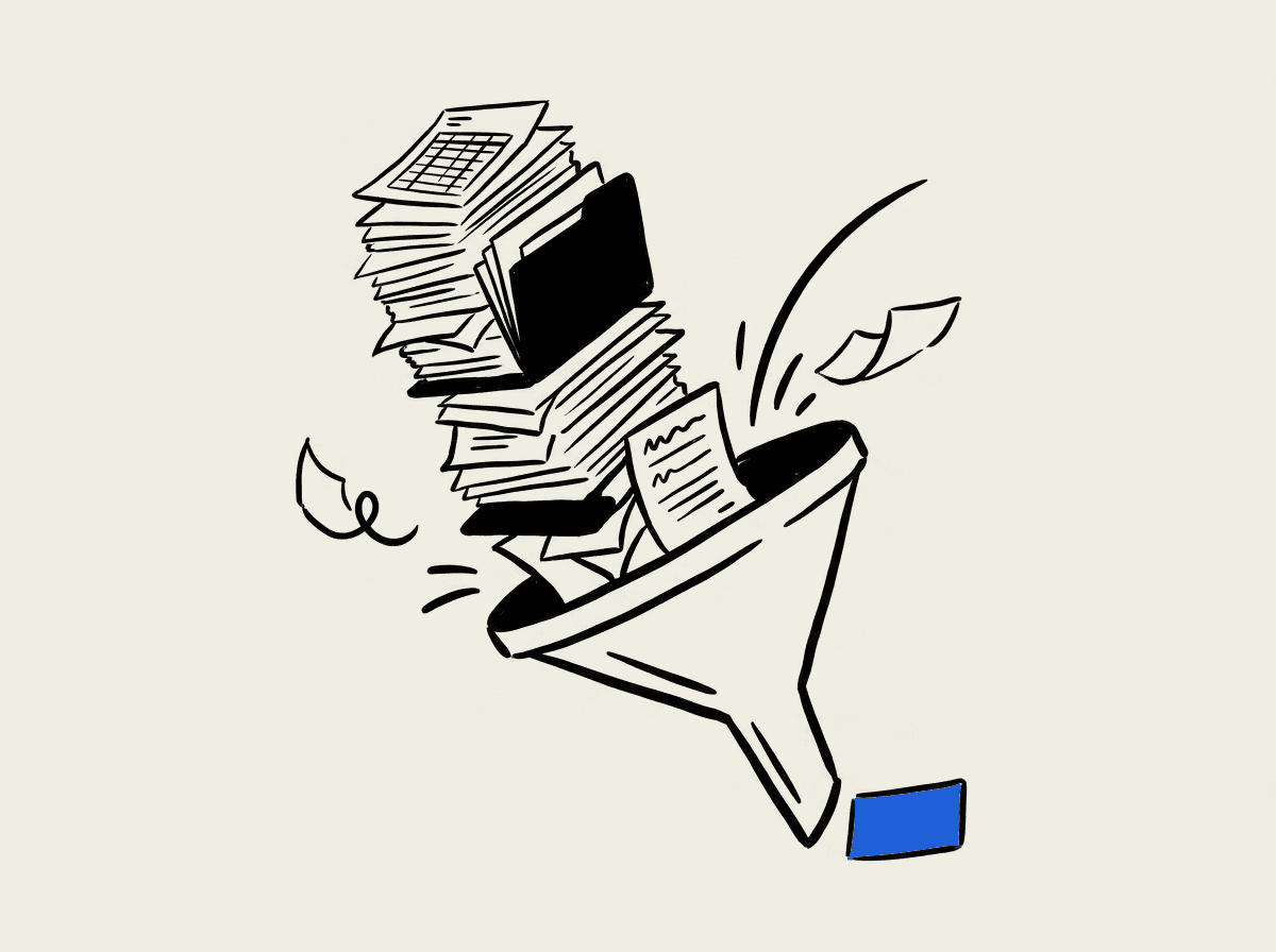 A teetering stack of paper funnels down and emerges as one clean card.
