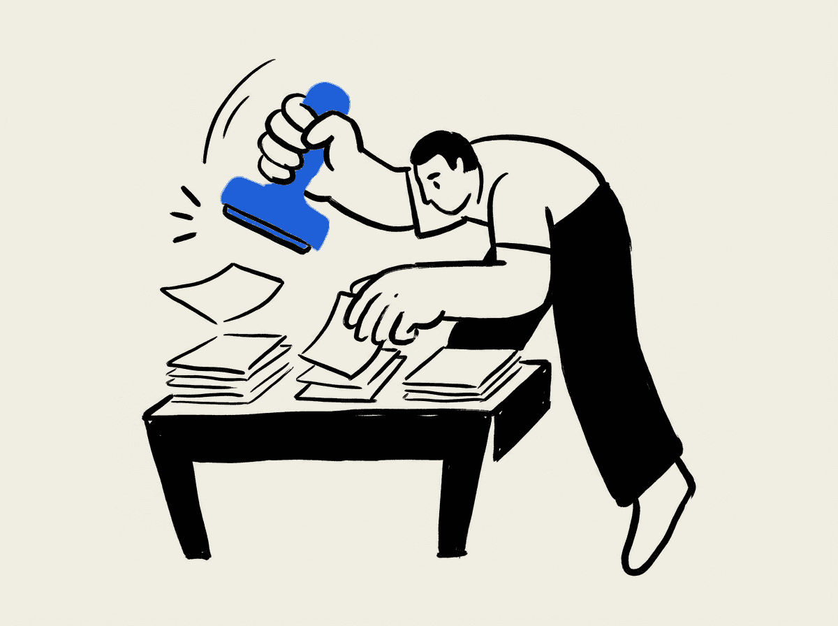 A figure sorts loose sheets into three piles, a rubber stamp raised mid-air.