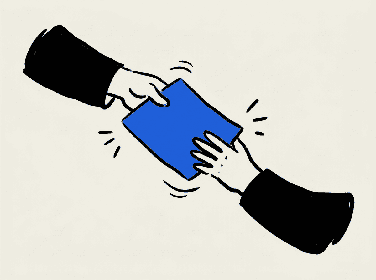 One hand offers a single sheet; another reaches out to take it.