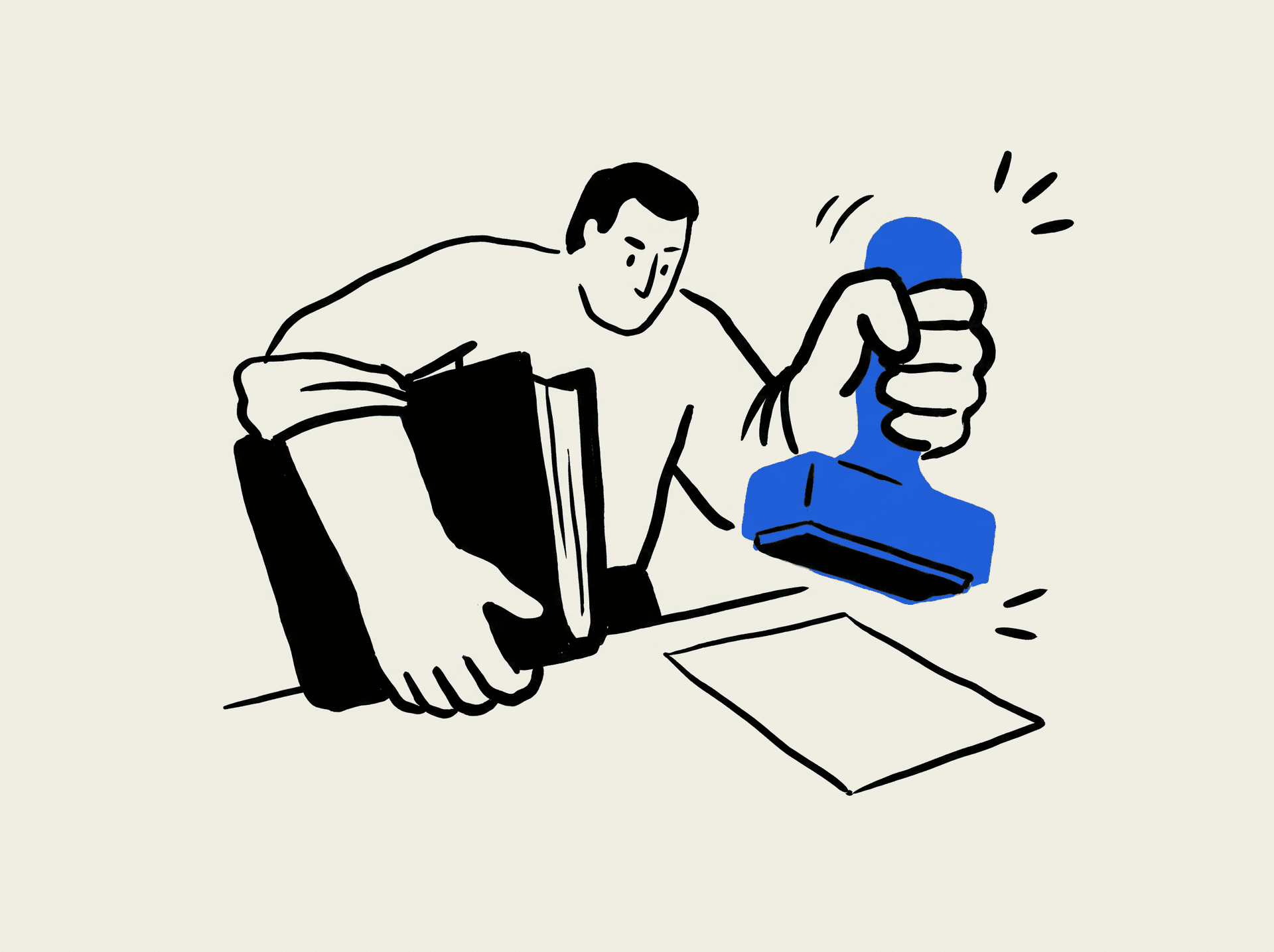 An underwriter with a binder under one arm, stamp raised over a single sheet — decisive, unhurried.