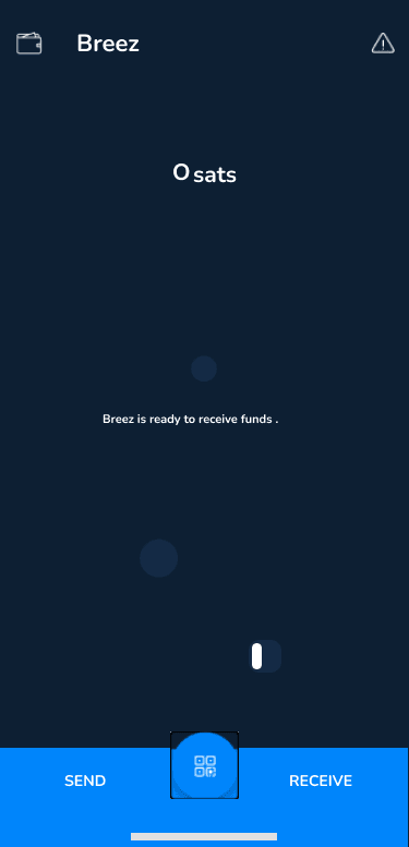 Breez home screen showing 0 sats and a Send / Receive bottom bar
