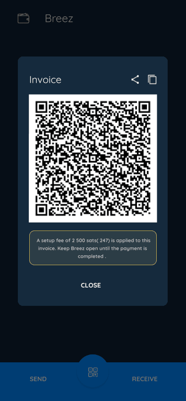 Breez invoice modal with a QR code, a setup fee warning and a Close button