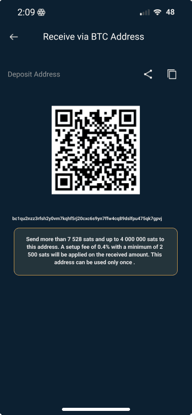 Breez Receive via BTC Address screen with a QR code, address and a fee and limits notice