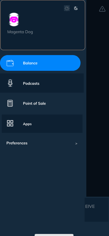 Breez navigation drawer with Balance, Podcasts, Point of Sale, Apps and Preferences