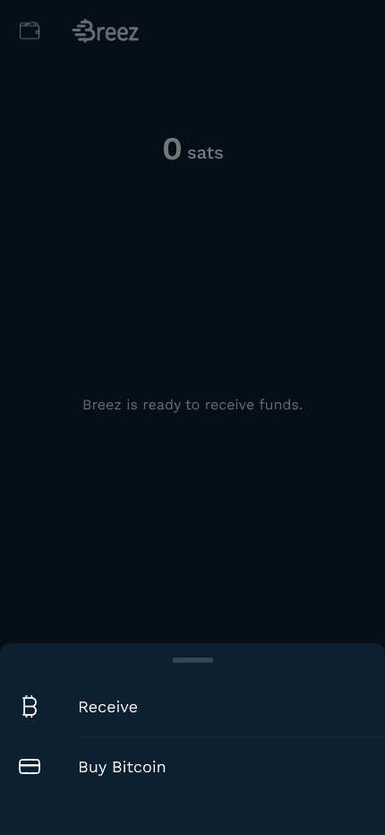Redesigned Breez receive sheet with two options — Receive and Buy Bitcoin