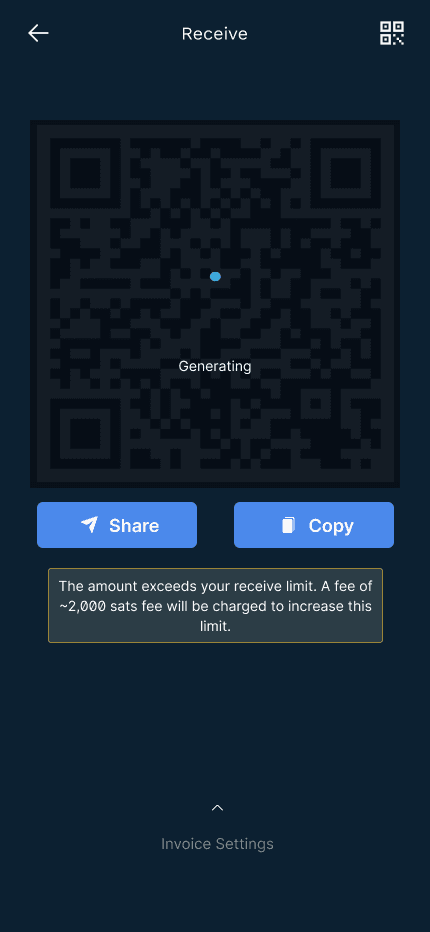 Redesigned Breez receive screen showing a QR placeholder with a Generating label