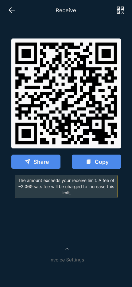 Redesigned Breez receive screen — a live QR with Share and Copy