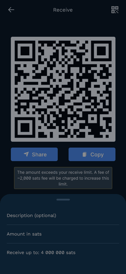 Redesigned Breez receive screen with the invoice settings sheet expanded over the QR