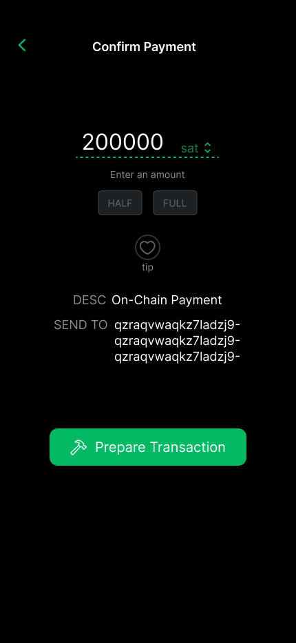 Redesigned Phoenix Confirm Payment with HALF and FULL chips below the amount field, neither selected
