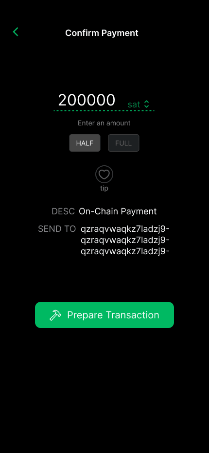 Redesigned Phoenix Confirm Payment with the HALF chip selected